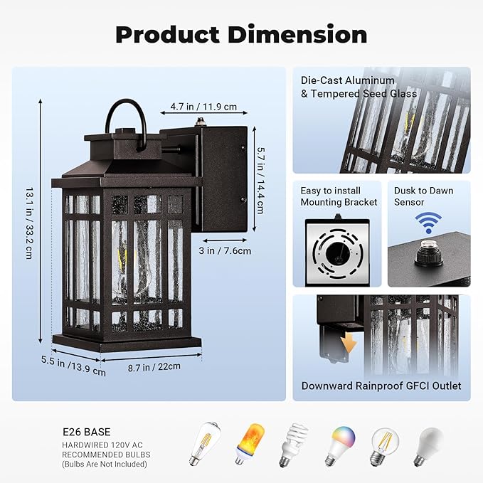 Outdoor Light Fixture Dusk to Dawn, Oil Rubbed Bronze Front Porch Lighting with GFCI Outlet, Modern Patio Lights Outdoor Waterproof and Anti-Rust, 2-Pack Outside Lantern Lights with E26 Sockt