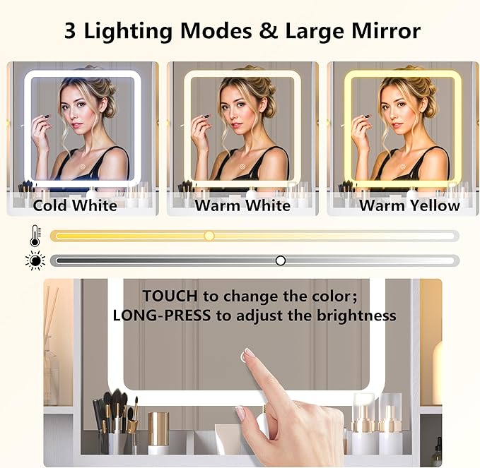 White Makeup Vanity Desk with Mirror & Lights, Modern Vanity Table with Charging Station, 7 Drawers, Glass Cabinet, Adjustable Shelves, Bedroom Dressing Table Set for Women & Girls