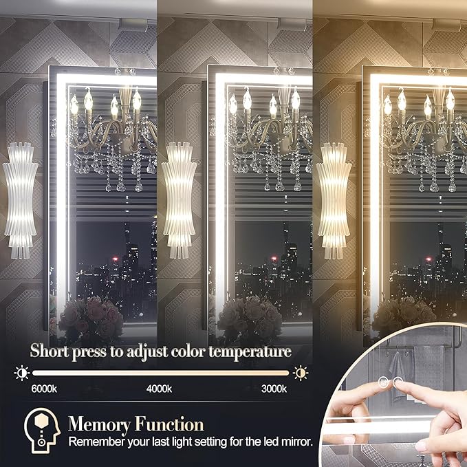 OKPAL 24x36 LED Bathroom Mirror, Anti-Fog Lighted Bathroom Mirror, Dimmable Lighted Vanity Mirror, LED Vanity Mirror with Lights, Shatterproof, ETL Listed, Horizontal/Vertical