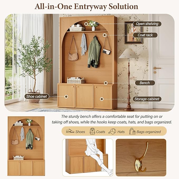 LUMISOL Farmhouse Hall Tree with Adjustable Shelves for Entryway, Arched Design Coat Rack with 4 Golden Hooks, Entryway Bench with 3 Cabinets for Mudroom, Retro Hall Cabinet for Living Room, Natural