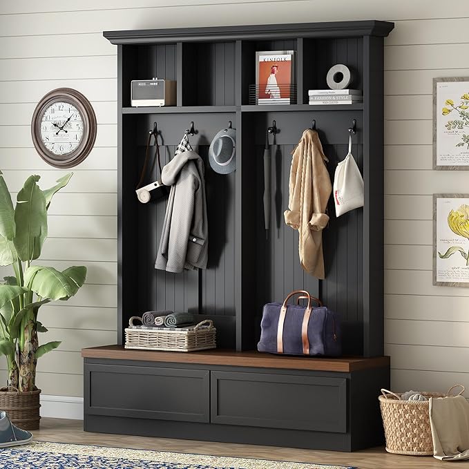 LUMISOL Mudroom Entryway Hall Tree with Storage Bench, 4-in-1 Farmhouse Coat Rack with Open Compartments and 2 Large Drawer for Entryway, Hallyway Shoe Cabinet with 6 Hanging Hooks, Black