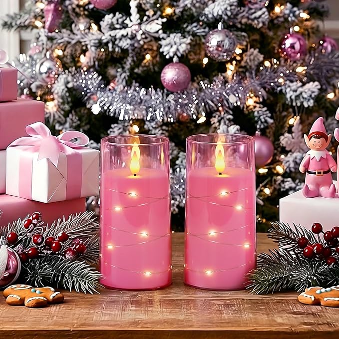 Homemory Flameless Candles with Embedded Star String Fairy Lights, Battery Operated Candles, LED Candle, Fake Candles with Remote Control and Timer, Pink, Set of 2(H 6" 6")