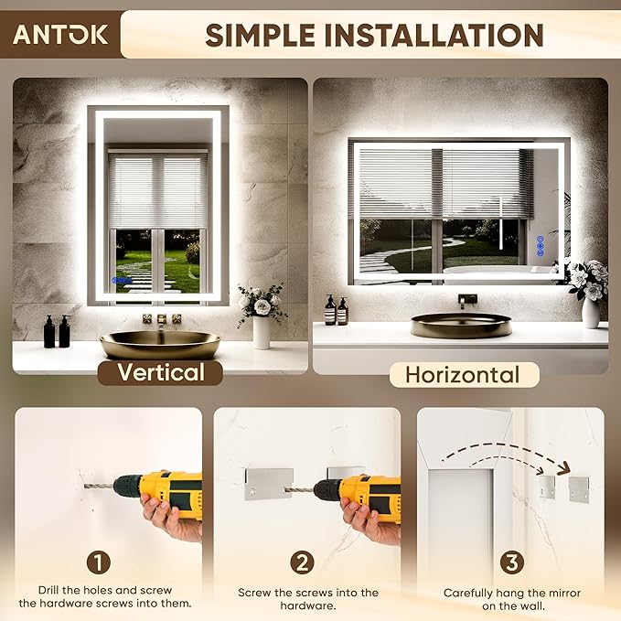 Antok 32"x 40" LED Bathroom Mirror with Lights, Anti-Fog, Dimmable, Lighted Vanity Mirror with Tempered Glass, Memory Function, 3 Light Modes, Safe Use, Horizontal, Vertical, Wall Mount