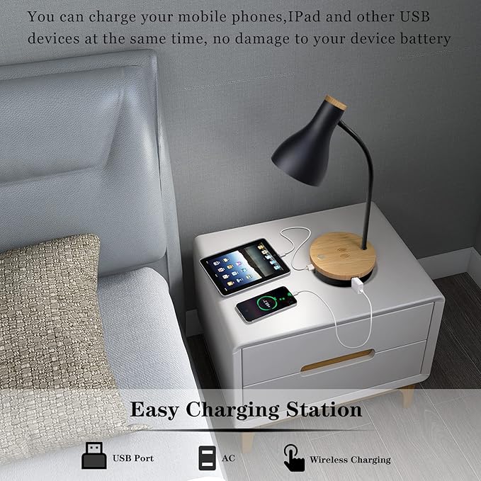 Metal Desk Lamp Wireless Charging Table Lamp Touch Reading Lights Arc Desk Lamps for Bedroom, 3 Way Dimmable Bedside Lamp with USB Charging Ports Lamp for Study Room and Office (Black)