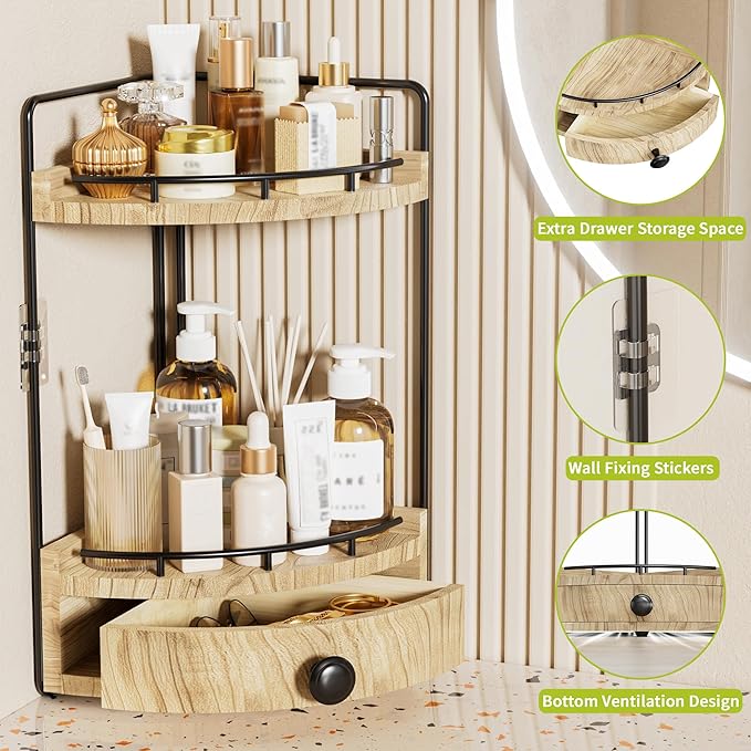 2-Tier Corner Bathroom Countertop Organizer with Drawer, Wooden Vanity Organizers for Makeup and Skincare Storage, Corner Counter Shelf with Embedded Screw Holes, Light Brown