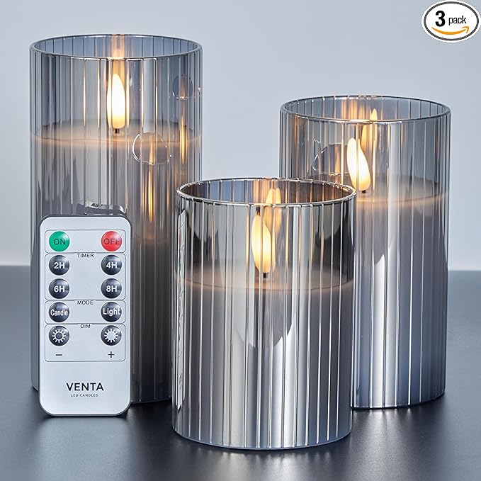 VENTA Flickering Flameless Candles With Remote Control - Led Candles Battery Operated - Battery Operated Candle For Decoration Table, Timer & Dimmer Features, Set - 3Pcs (4",5",6") (Grey Ribbed Glass)