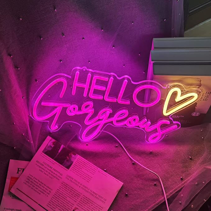 Hello Gorgeous Neon Sign Pink USB LED Neon Lights for Home Wedding Birthday Backdrop Bacelorette Party Decor Room with Dimmable Switch(5V,16.5X10.6inches)