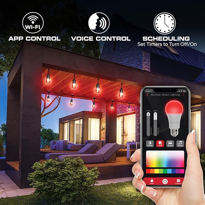 Monster 24 Foot Premium Outdoor Smart RGB+IC+WW String Lights, 12 Bulb Color Flow Dimmable LEDs, Sound Reactive, Water & Weather Resistant, Compatible with Alexa, Siri, Google Home, App