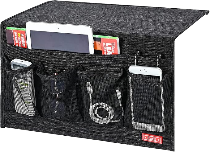 Linen 6 Pockets Bedside Caddy, Bedside Storage Organizer for Magazine, Remotes, Phone (Black)