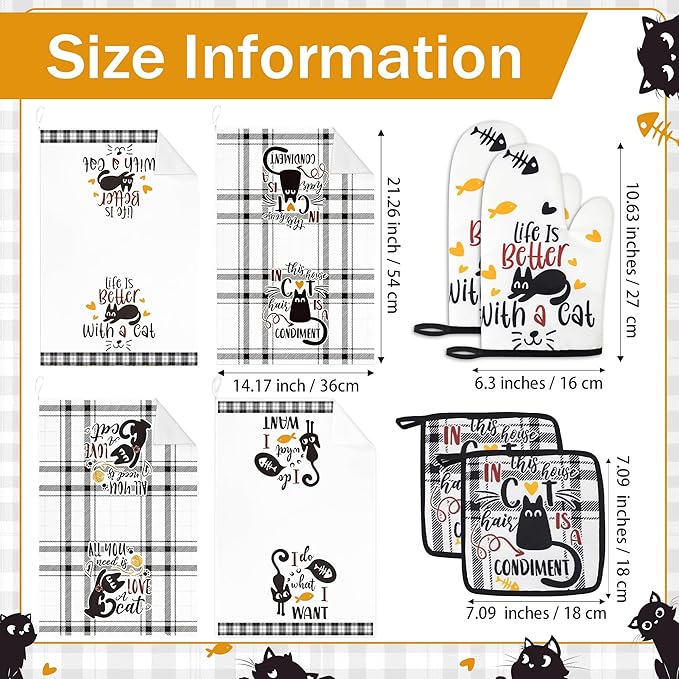 8 PCS Black Cat Decor Kitchen Decor and Accessories - 4 Dish Towels Set 2 Oven Mitts and Pot Holders Sets for Cat Lover Cooking Baking Cute Kitty Kitten Plaid Lightweight Housewarming Gifts