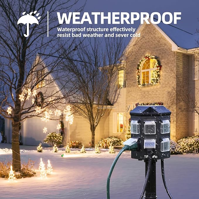 TiFFCOFiO Outdoor Power Strip with 25FT Extension Cord, Remote Control Dusk to Dawn Light Timer Waterproof, 6 Grounded Outlets for Christmas Yard Inflatables and Decorations, ETL Listed