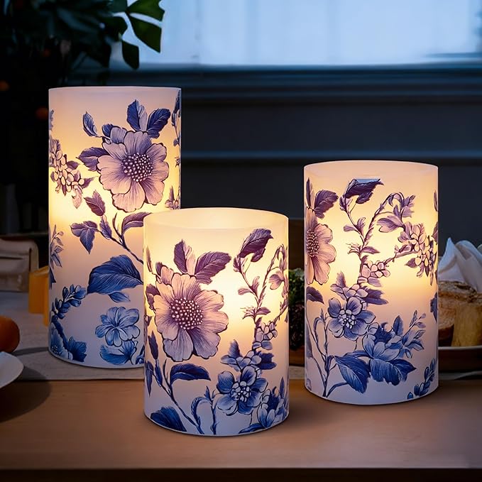 Crystal Club Chinoiserie Decor Flameless Candles Blue and White Porcelain Floral Battery Operated LED Pillar Candles with Remote & Timer Real Wax Candles Floral Decor for Home Wedding Centerpiece