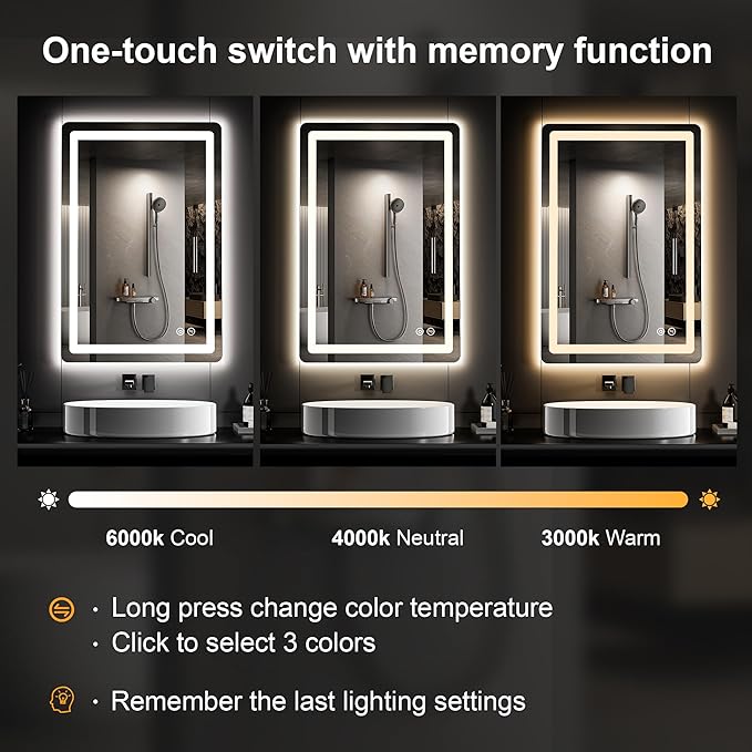 Led Mirror for Bathroom, 30x20 Bathroom Vanity Mirror for Wall with Light, IP54 Enhanced Anti-Fog, Dimmable 3 Colors, Memory Function, Backlit and Front Lit, Shatter-Proof Glass, Plug-in/Hardwired