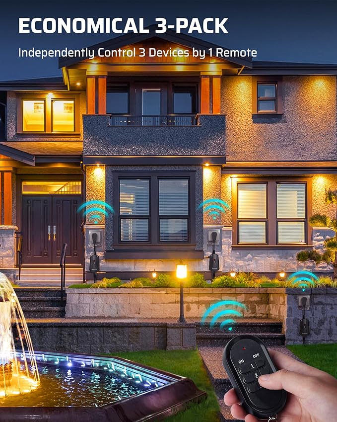 DEWENWILS Outdoor Wireless Remote Control Outlet Kit, Waterproof Electrical Plug for Indoor Outdoor Lights, Separately Controlled 3 Pack Receivers, 100 Feet RF Signal, UL Listed