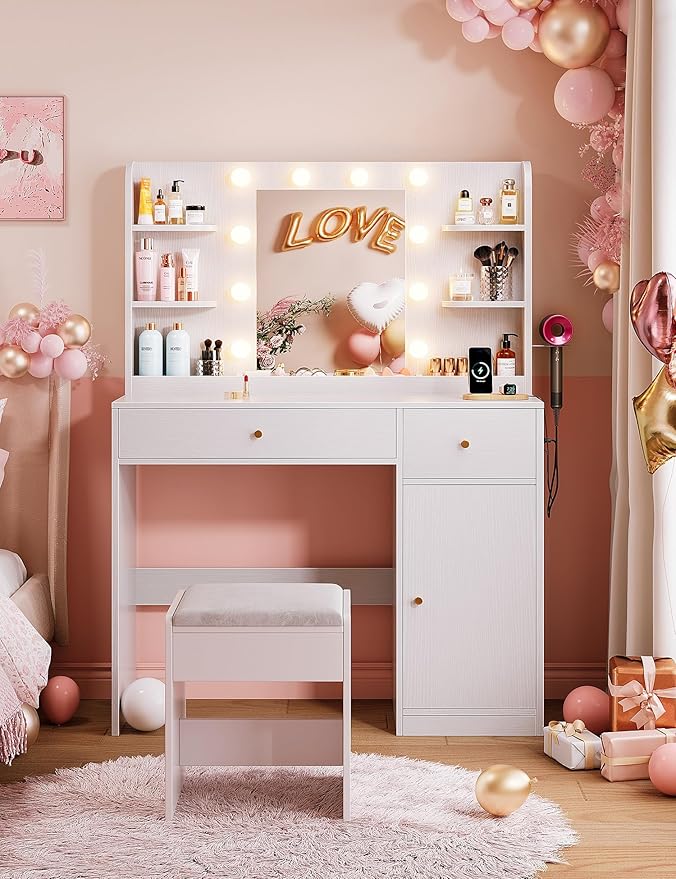 Vanity Desk with Mirror and Lights, 35" Makeup Vanity with 2 Drawers, Storage Cabinet, 8 Open Shelves, 3 Lighting Modes Adjustable Brightness, Power Outlet, Dressing Table for Bedroom, White