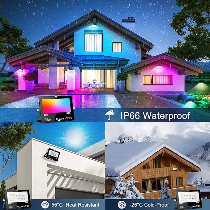 LED RGB Flood Light Outdoor 500W Equivalent, Smart Color Change & Daylight 5700K Landscape Lighting, IP66 Waterproof Patio Lights via App Control, Indoor Ambient Lighting, Uplighting for Yard Pathway