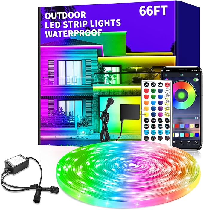 66ft Outdoor LED Strip Lights Waterproof,IP68 Outside Led Light Strips Waterproof,Color Changing with App/Remote Control,Music Sync RGB Outdoor Led Rope Lights for Bedroom，Courtyards,Gardens
