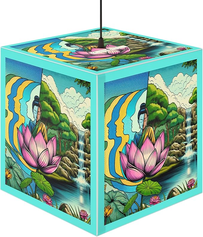 Decorative Custom Zen Garden Light Cube Lamp with Lotus Design, 11.7 x 11.5 x 11.5 inches, Turquoise