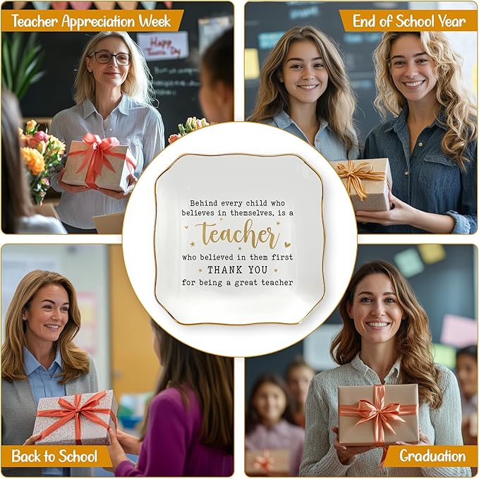 OASSIE Teacher Appreciation Gifts - 4"x4" Ceramic Jewelry Dish Tray - Inspirational Teachers Day Graduation Birthday Thank You End Of Year School Gifts for Teacher, Thank You Gift for Teachers Women
