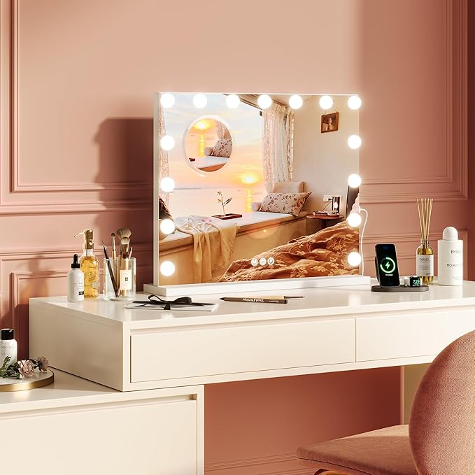 IDEALHOUSE Vanity Mirror with Lights, 23''x18'' Tabletop LED Makeup Mirror, 3 Color Lighting Modes, USB Charging Port Touch Control, Detachable 3X Magnification Mirror, Tabletop or Wall-Mounted