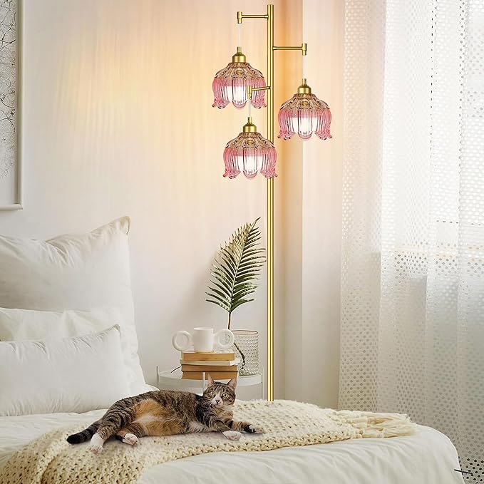 Pink Floor Lamp for Living Room,Bedroom,Gold Mid Century Modern Standing Lamp Brass Tree 3 Light Tall Floor Lamps Vintage Retro Floor Lights Glass Flower Lamp Shade Girls Kids Boho Bohemian