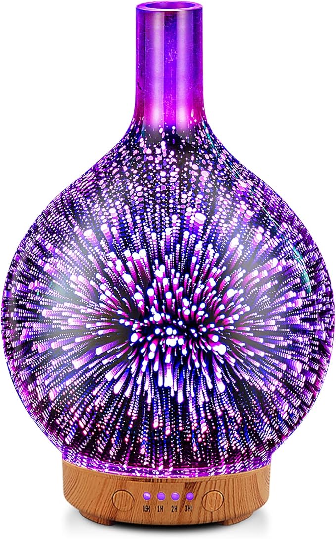 Porseme Essential Oil Diffuser 3D Glass Aromatherapy Ultrasonic Humidifier - 7 Color Changing LEDs, Waterless Auto-Off, Timer Setting, BPA Free 100ml Rose Gold Aladdin
