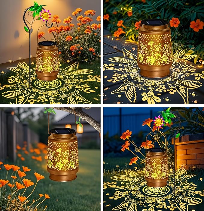 Hummingbird Solar Lanterns Outdoor Waterproof, Hanging Solar Lights Garden Lanterns with Shepherd Hook, Metal Garden Decor for Yard, Patio, Lawn, Landscape, Gifts for Women Mom Christmas