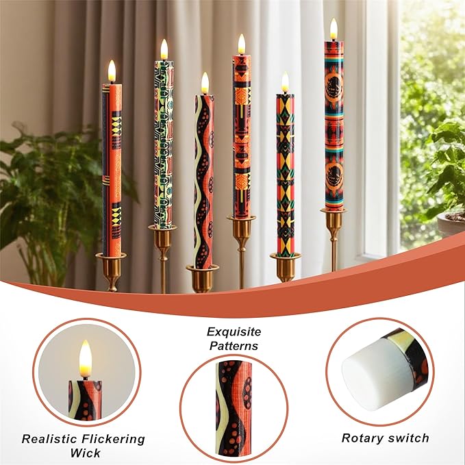 African LED Candles Flameless Candlesticks-6pcs Timer Traditional Tribal Battery Operated Candle Remote Floral LED Taper Candles Lights for Home Wedding Party Dinner Windows Decor-P6AFRI