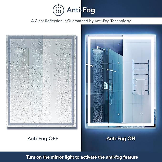 JONATHAN Y MIR100A-2432 Pax 24 in. W x 32 in. H Small Rectangular Frameless Antifog Front/Back-Lit Wall Bathroom Vanity Mirror with Smart Touch