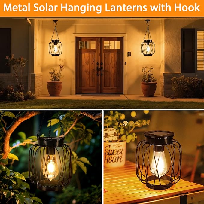Solar Lanterns Outdoor 4 Pack, Metal Solar Hanging Lanterns with Hook - Outdoor Hanging Lantern Lights Waterproof, Bright Warm Lantern Decor for Outside Garden Yard Patio Pathway