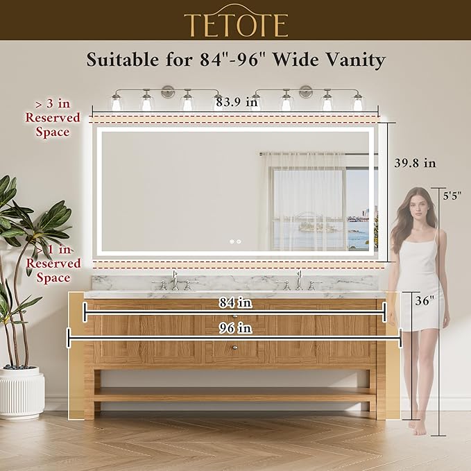 TETOTE 84 x 40 LED Lighted Bathroom Mirror with Lights Wall Mounted, Brighter Front and Backlit Led Vanity Mirror, 3-Color Dimmable Light up Anti Fog Mirror, Waterproof, Shatterproof Tempered Glass