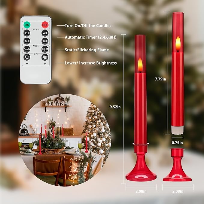 Red Flameless Taper Candles with Remote and Timer,Valentine Flameless Candles with Holders, 6 Pack LED Battery Operated Candlesticks 9.25"x0.75" for Valentine’s Day, Christmas