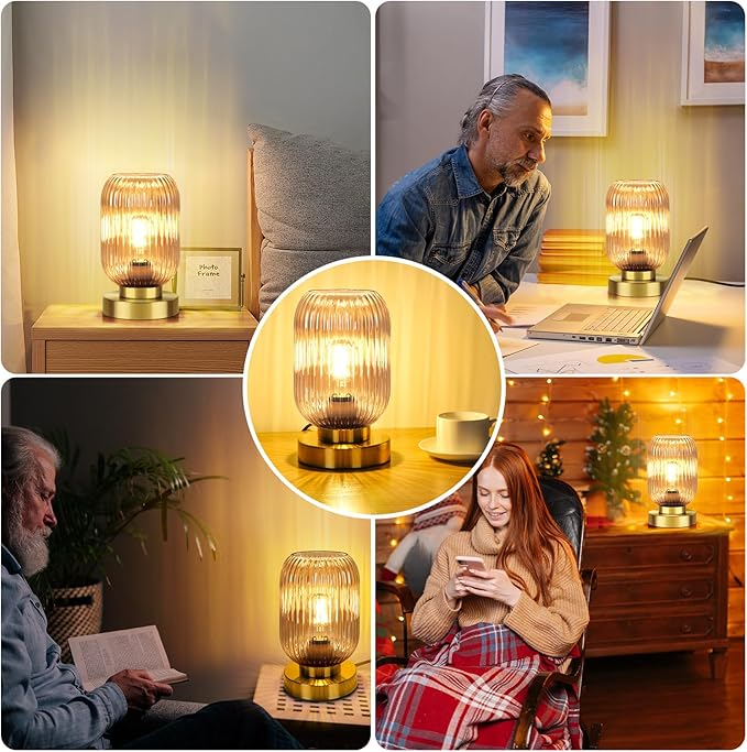 Mid Century Modern Table Lamp with Amber Ribbed Glass Shade,Touch Control & 3 Way Dimmable,Small Gold, Vintage Bedside Lamp for Bedroom, Living Room,Office (Bulb Included)