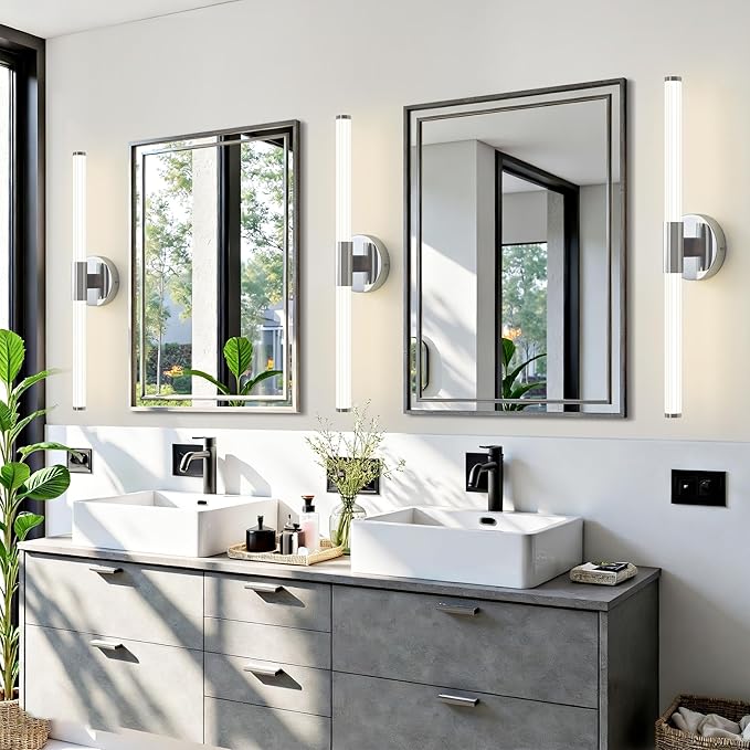 Bathroom Vanity Lights Chrome Dimmable LED 360° Full Lighting Bathroom Light Fixtures Over Mirror 24 inch Vanity Light Bar Hardwired Modern Wall Sconce 4000K Light for Bedroom Living Room