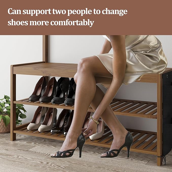 AMBIRD Hall Tree with bench and shoe storage, Entryway Bench with shoe storage, 6-in-1 Coat Rack with Cloth Bag and14 Coat Hooks, Sturdy Bamboo Frame, Large Size, Brown 39 * 15 * 70 Inches