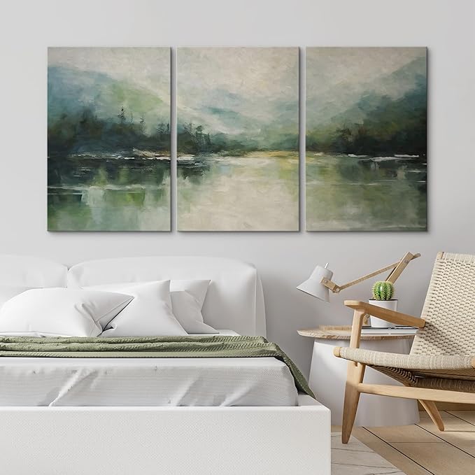 wall26 Canvas Print Wall Art Set Emerald Green Watercolor Mountain Range Forest Nature Wilderness Illustrations Modern Art Decorative Rustic Relax/Calm Colorful for Bedroom - 24"x36" x 3