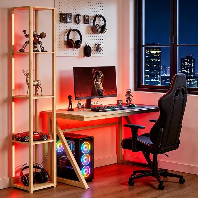 RGBCW Floor Lamp, Smart Modern Floor Lamp with Music Sync, Color Changing Corner Display Shelf Lamp, Standing Lamp with Shelves for Living Room and Bedroom, Office, Home Décor