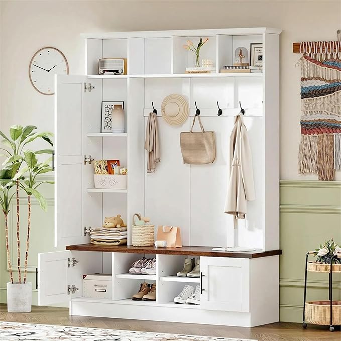 Versatile 3-in-1 Hall Tree with 6 Hooks, Farmhouse Walnut Storage Bench with Adjustable Shelves, 55" W Entryway Coat Rack with Multiple Storage Space for Mudroom, Living Room (White-7)