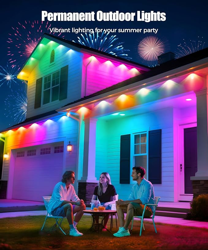 POOFZY Permanent Outdoor Lights for House,100ft RGB+IC Smart Outdoor Decor, 50 Scene Modes,App/Remote Control,IP67 Waterproof,for Christmas,Easter,V-Day,Thanksgiving,Daily & Holiday Party Decor