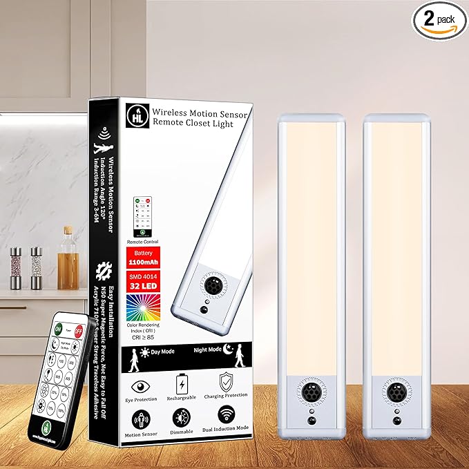 HL Under Cabinet Lighting, LED Motion Sensor Light Indoor, Rechargeable Closet Lights Wireless, Magnetic with Remote Dimmable Under Counter Lights for Kitchen Stairs Warm White 2Pack