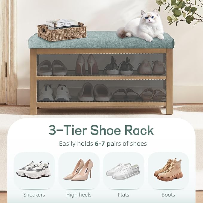 2 Tier Shoe Rack Bench with Cushion, Solid Wood Shoe Benches, Mid-Century Modern Shoe Storage Bench for Entryway, Hallway, Living Room, Closet, Front Door Entrance, (Teal, 31.5")