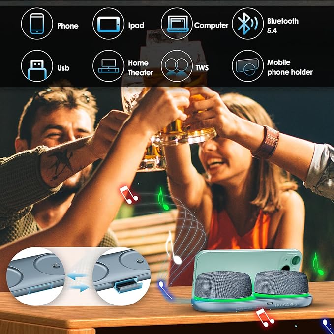 Dual Bluetooth Speaker Set with Magnetic Base & Phone Stand - TWS Stereo Sound, 10H Playtime, 3H with RGB Music Lights On- Bluetooth Wireless Speaker for Home Theater, Outdoor,TV Watching, Multi Room
