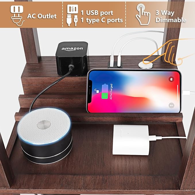 FOLKSMATE Touch Control Shelf LED Floor Lamp with Shelves, Charging USB, Type C Port and Power Outlet, Dimmable Standing Lamp for Living Room, Bedroom
