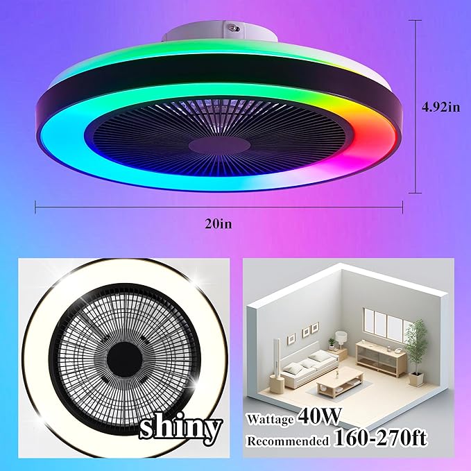 Smart Ceiling Fans with RGB Lights Remote - 20'' Flush Mount Low Profile Modern Ceiling Fans for Bedroom - Stepless Color Temperature and 6 Speeds - White