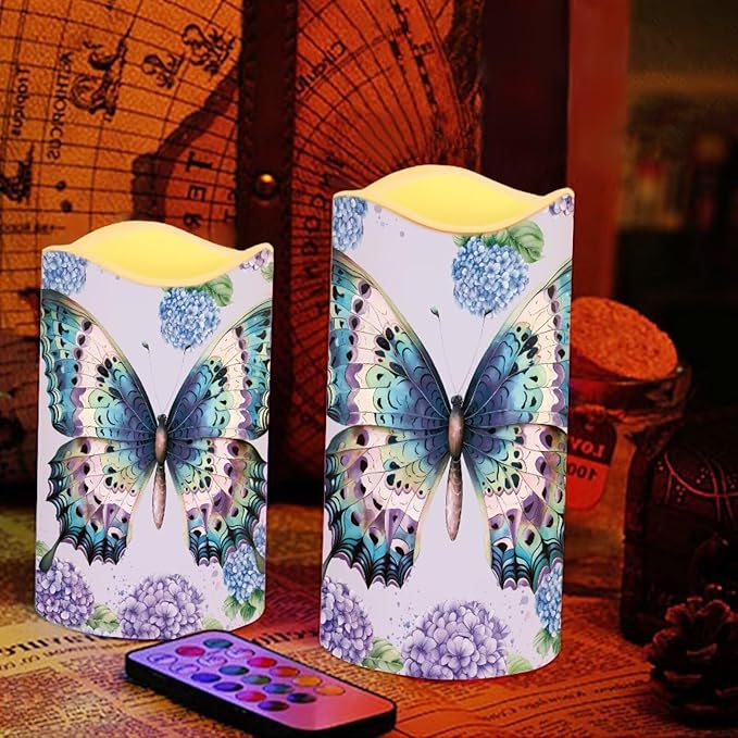 Butterfly Hydrangea Plastic Flameless Candles with Remote Control and Timer LED Flickering Battery Operated Color Changing Electric Pillar Candles Decoration