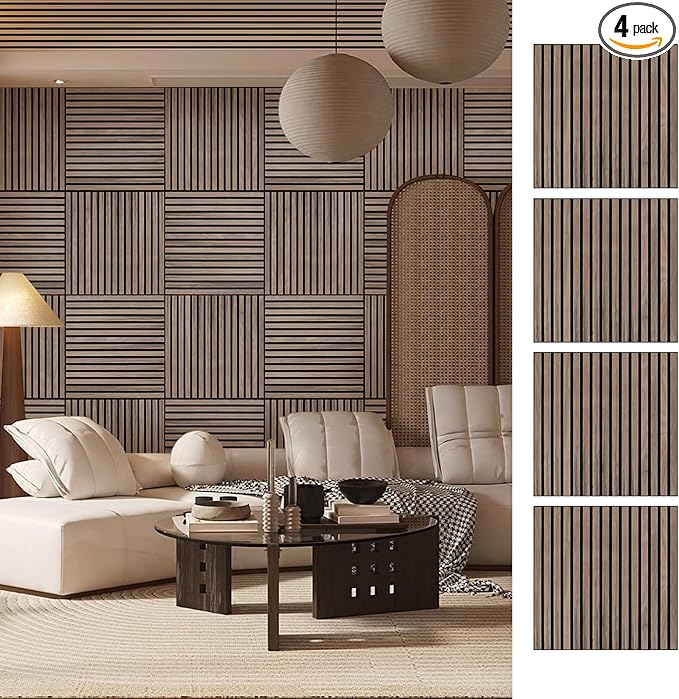 Wood Slat Wall Panel - 4 PCS Walnut Wood Panels for Wall, Natural Wood Veneer Acoustic Slat Wood Wall Panels - Wood Slats for Wall Soundproof Wood Panels 23.6" W x 23.6" L
