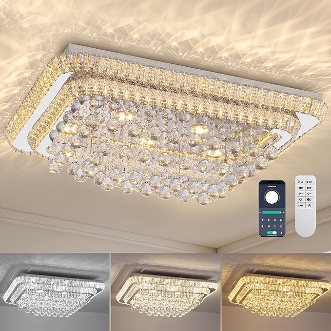 32 inch Crystal Flush Mount Chandelier, Modern Raindrop Crystal Silver Chandeliers with Remote and APP, 3 Colors Temp & Brightness Adjustable, Ceiling Light for Bedroom Hallway DiningRoom Living Room