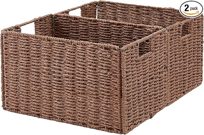 Vagusicc Wicker Storage Basket, Set of 2 Hand-Woven Paper Rope Wicker Basket, Small Storage Baskets for Organizing Toilet Paper Basket, Foldable Large Cube Storage Organizer Bins for Shelves (Brown)