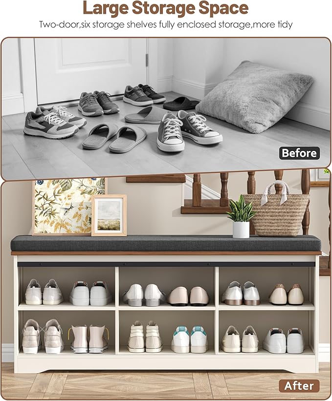 Farmhouse Storage Bench with Cushion, 47.2" Shoe Bench with Slide Barn Doors and Adjustable Shelves, Entryway Bench with Storage for Bedroom, Closet, Living Room, Hallway, White