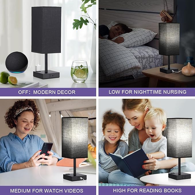 aooshine Black Lamp for Bedroom-Touch Lamp with USB-C+A and AC Outlets,3 Way Bedside Nightstand Square Table Lamp for Kids, Guest Room Living Rroom,Office, 800 Lumens 5000K Daylight Bulbs Included